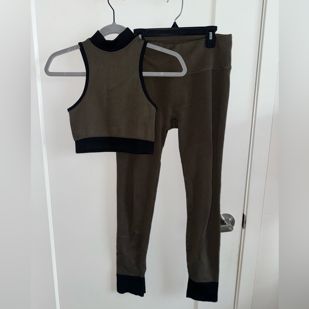 Fabletics Women’s Olive Green and Black Top and Leggings Set